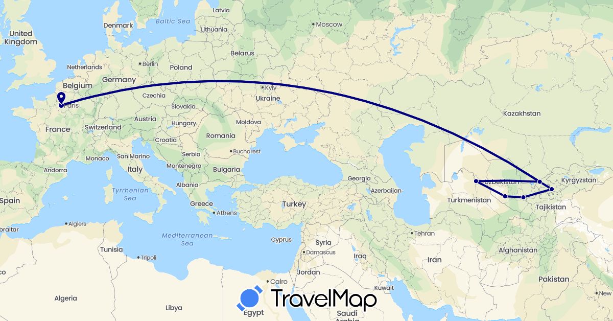 TravelMap itinerary: driving in France, Uzbekistan (Asia, Europe)