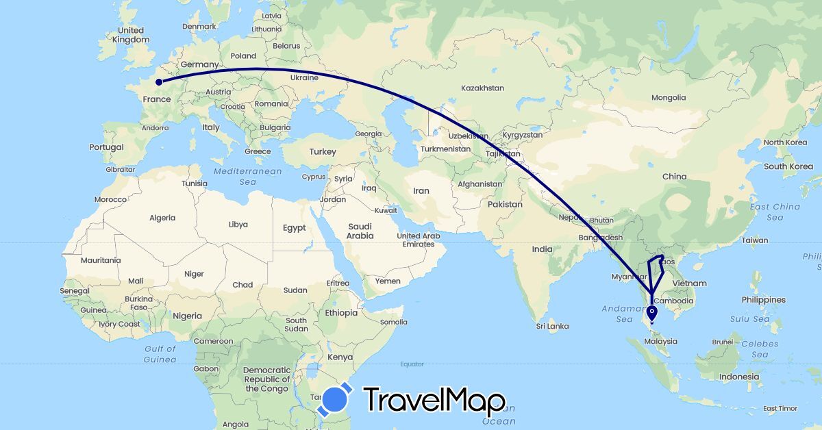 TravelMap itinerary: driving in France, Laos, Thailand (Asia, Europe)